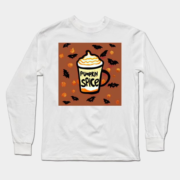 Pumpkin Spice Latte with bat and pumpkin pattern for fall and halloween celebrations Long Sleeve T-Shirt by SubtleSplit